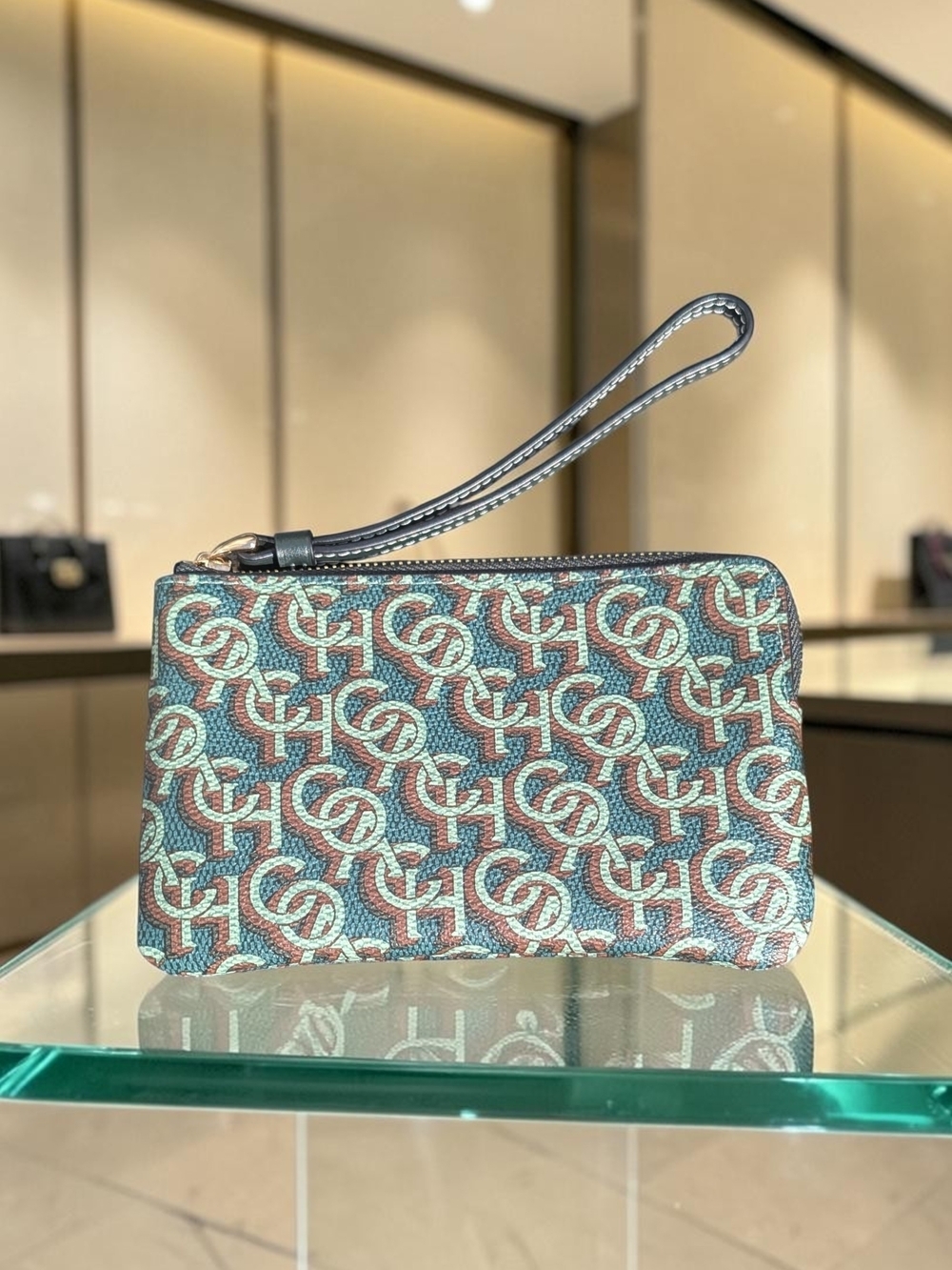 Coach Corner Zip Wristlet With Signature Monogram Green (NWT)